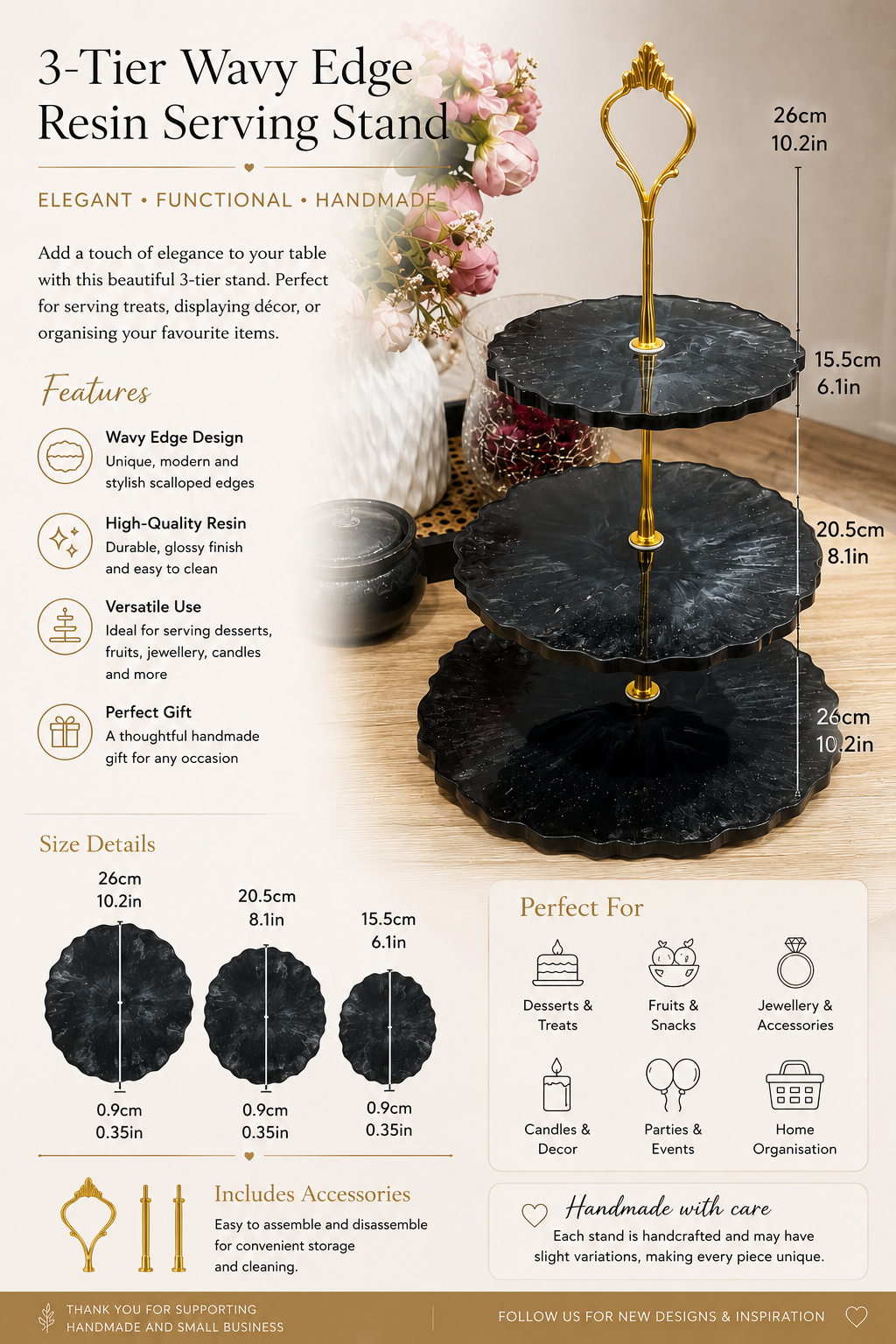 Handmade Black Resin 3 Tier Serving Stand